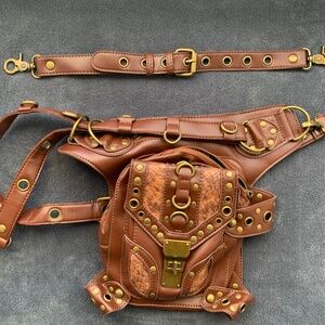 Steampunk Brown Leather Holster Bag • Multi Strap Hip / Thigh / Leg Bag